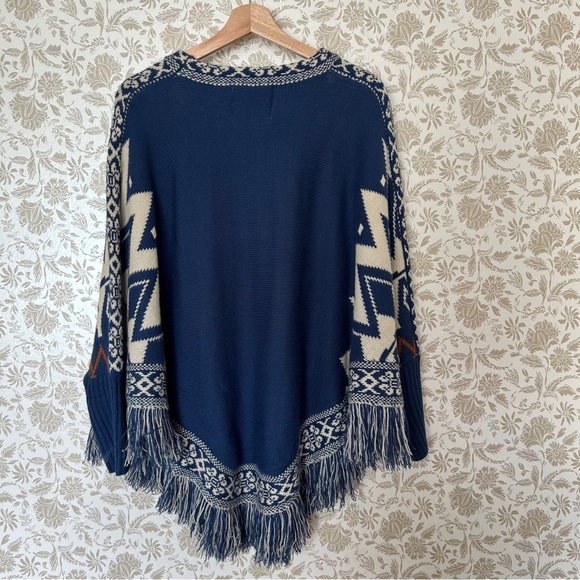 Fantastic Fawn Navy Fringe Poncho Sweater Aztec Knit Size S - Picture 6 of 7